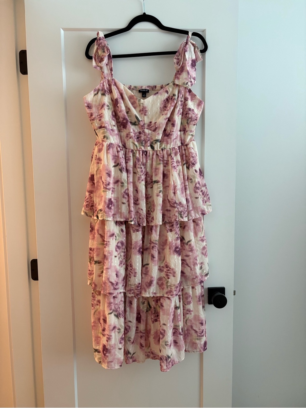 torrid Cream Dress with Pink Floral Tiered Ruffles